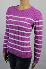 Ralph Lauren Purple Cable Knit Crewneck Sweater White Stripes NWT