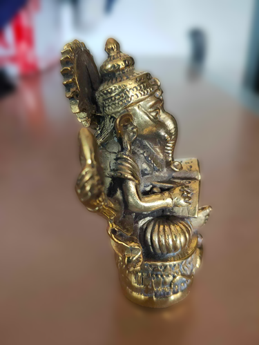 Gold Lord Ganesha Seated 4 Arms Brass Figurine Hindu Elephant God Home Decor 3" - Picture 5 of 11