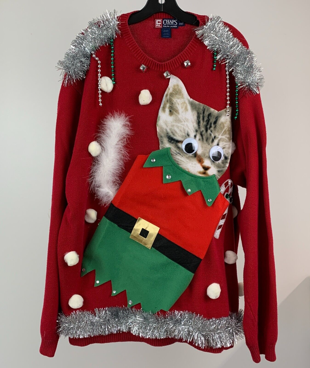 Ugly Christmas Sweater Men's sz 2XLT Kitty Cat in a Elf Costume
