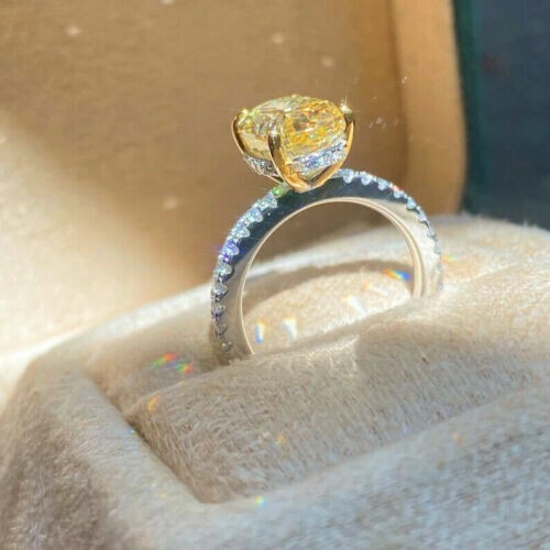 14K White Gold Finish 3Ct Oval Lab-Created Yellow Diamond Engagement Halo Ring - Picture 3 of 4