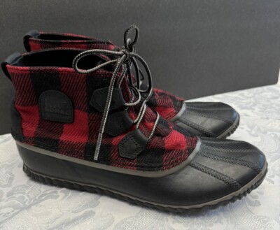 Sorel Out N About Plaid Lace Up Rain Boots Red Black Buffalo