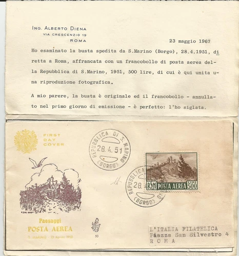 Envelope Fdc Venetia San Marino Airmail L.500 1951. Variety