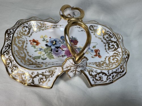 Handled & Divided 'Old Paris Porcelain Style' 9.5" Floral TRAY w/Gold Filigree - Picture 4 of 12