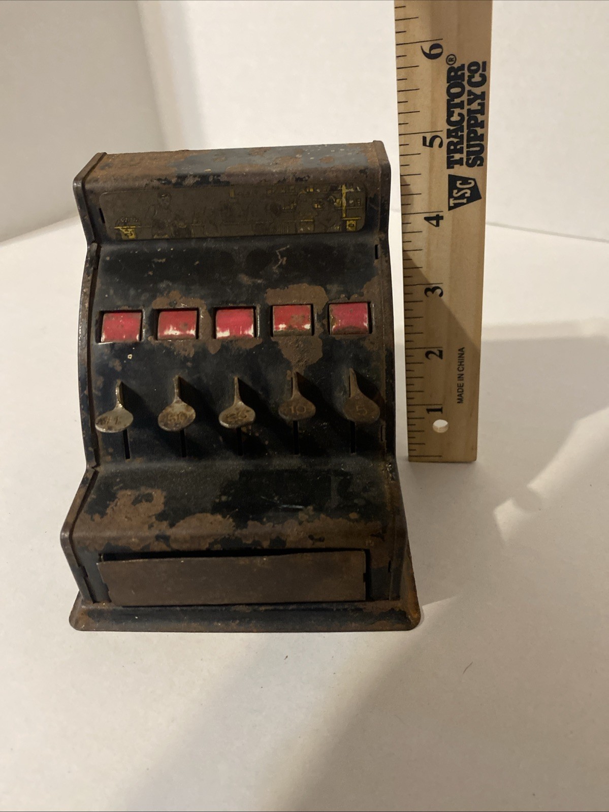 как выглядит Durable Toy Novelty Co Store Cash Register Vintage Metal Tin Coin Bank VTG фото