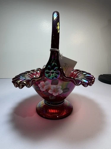 Fenton Hand Painted Red Art Glass Decorative Basket with Floral Design