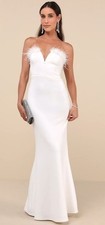 Lulus Glam White Feather Strapless Mermaid Maxi Dress Women's Size Large NWT!
