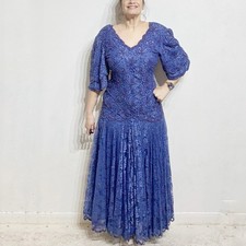 Cache Blue Sequin Lace Vintage Maxi Gown Sz S