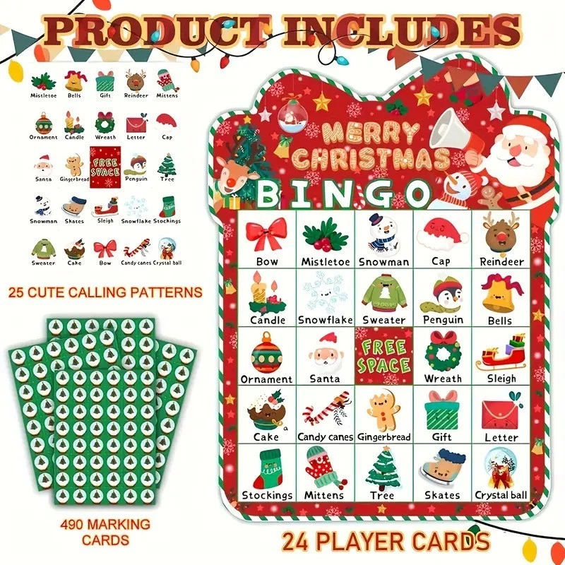 Christmas Bingo Game Set 24 Players 25 Calling Cards Family Kids Party Activity - Image 2 of 4