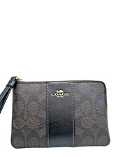 Coach Corner Zip Wristlet Signature Canvas Walnut Black Brown Monogram Gold Tone