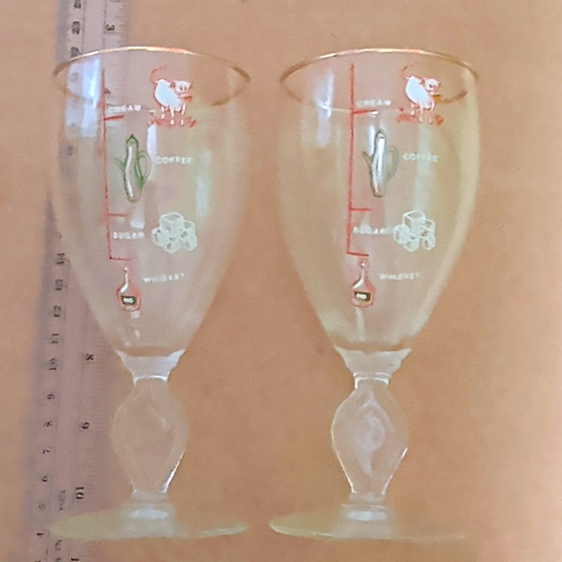 Set of 2 Clear Stemmed Cordial Glasses Decorated Cream Coffee Sugar Whiskey