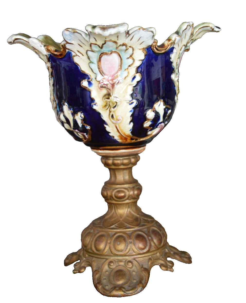 ANTIQUE French GILT METAL MOUNTED MAJOLICA Cobalt Yellow Green Vase 8.5