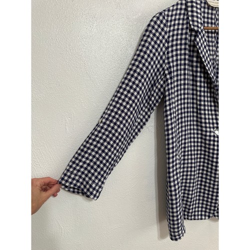 Gingham Cynthia Rowley Linen Blazer S Navy Coastal Nautical Vineyard Hamptons - Picture 2 of 16