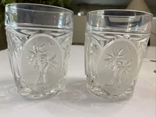 2 Saks Fifth Avenue Etched Cut Double Old Fashion Whiskey Tumblers Palm Trees