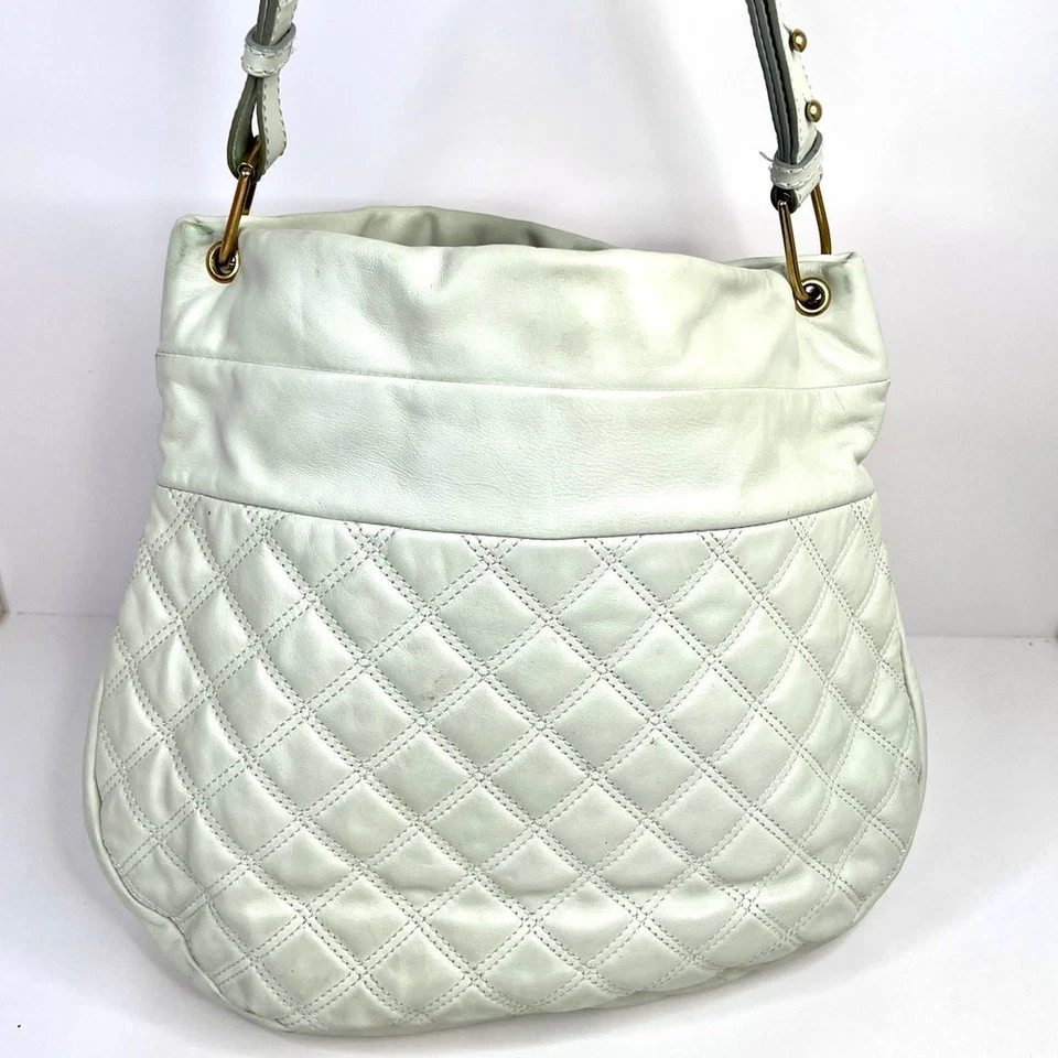 Marc Jacobs Vintage Leather Quilted Shoulder Bag Gold Buckles White 12x14x3 - Image 2 of 4