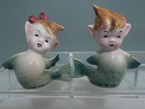 Vintage PY Miyao Mermaid Salt & Pepper Shaker Set Japan RARE RED BOW COLOR