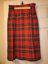 Vintage red 100 wool pleated plaid skirt, below knee, made in Ireland, 14, ExC 