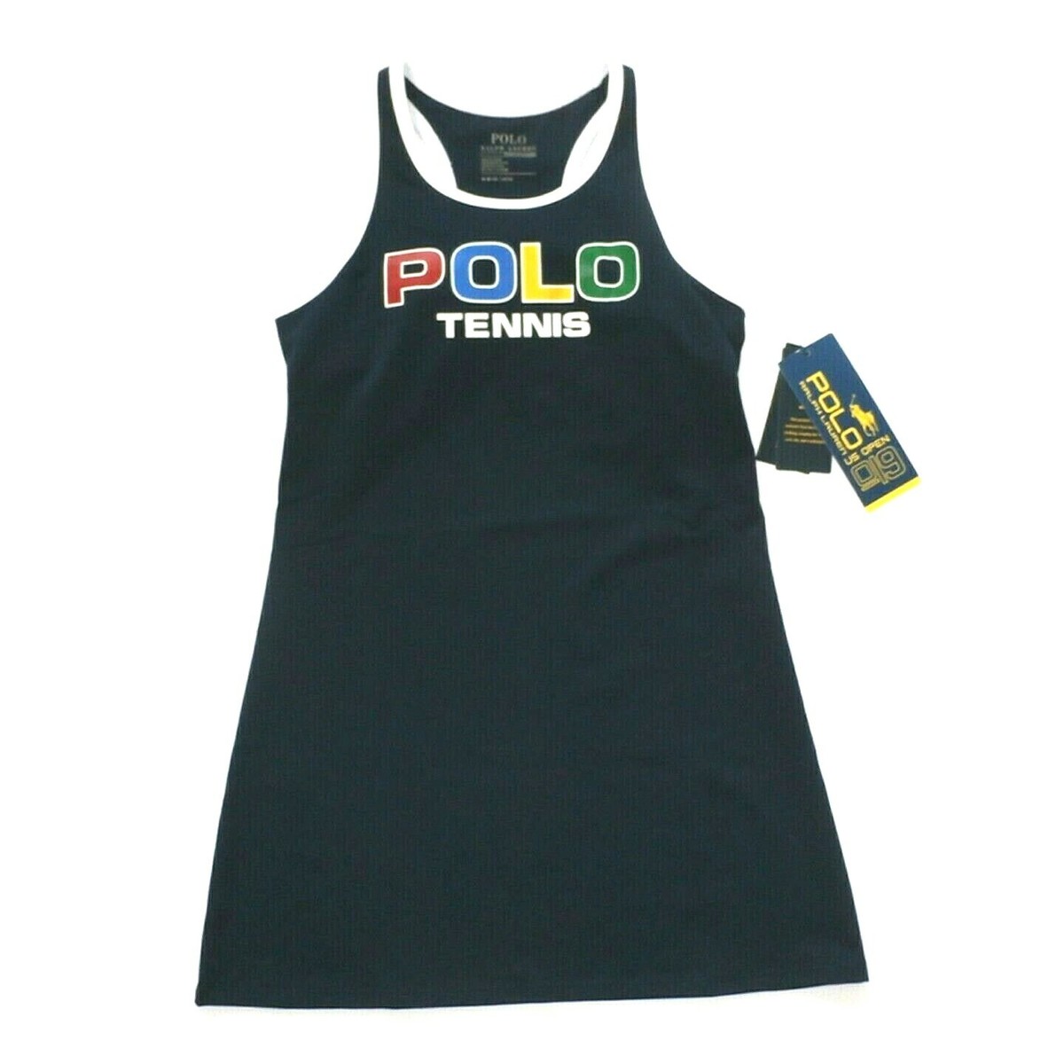 New $75 US Open Tennis Polo Ralph Lauren Navy Blue Dress Block Girls M  8-10