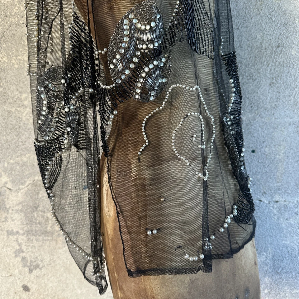 Antiguo Mini Vestido Top Años 20 Vintage Bordado en Red Cuentas de Murciélago Perla Estrás Foto 3 de 4