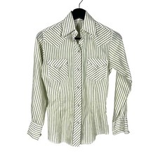 Vintage 70s Green White Stripe Long Sleeve Pearl Button Up Small