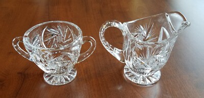 Vintage Heavy Crystal Cut Creamer and Sugar Bowl (no lid) Pinwheel / Star Design
