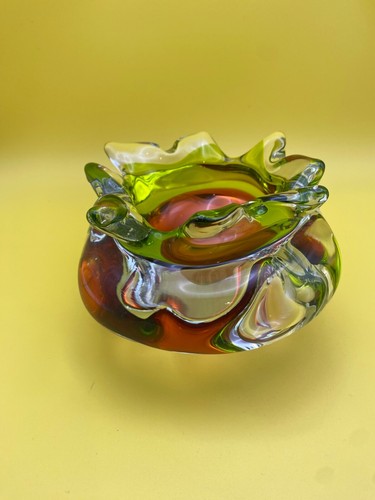 Vintage Bohemian Chribska Retro Czech Green & Orange Art Glass Bowl Hospodka MCM - Picture 6 of 12