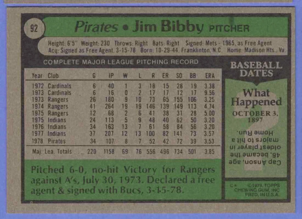 1979 Topps Jim Bibby Pittsburgh Pirates #92 - Image 2 of 2