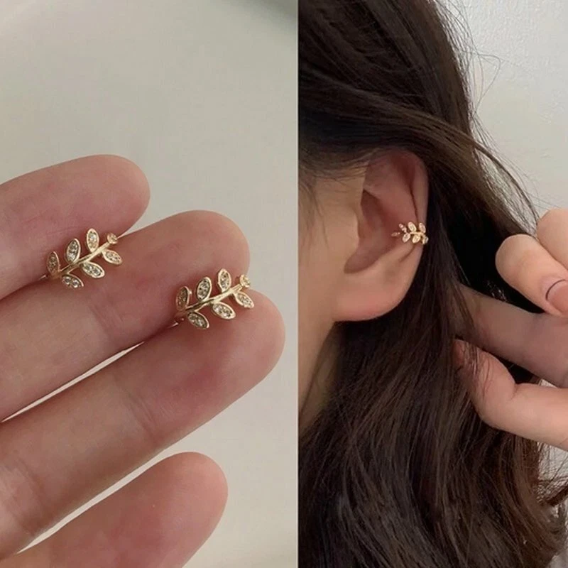 Gold Plated Leaf Crystal Earring Women Piercing Boho Hooping Ear Cuff Jewelry