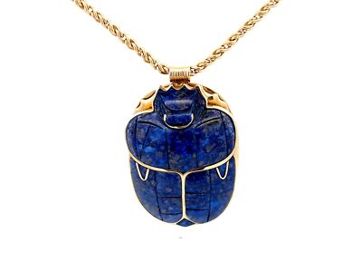 Egyptian Lapis Scarab Beetle Pendant with Woven Chain in 14k