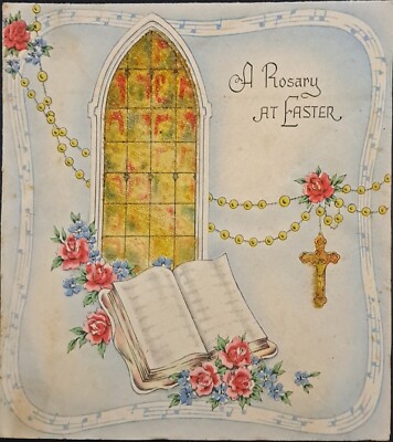 Easter Card Vintage G.E. - Religious Stained Glass Window Rosary Beads Embossed