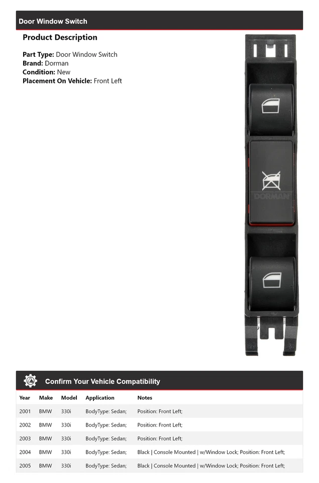 Interruptor ventana puerta delantera izquierda bmw 330i 2001-2005 sedán Dorman 2002 2003 Foto 2 de 4