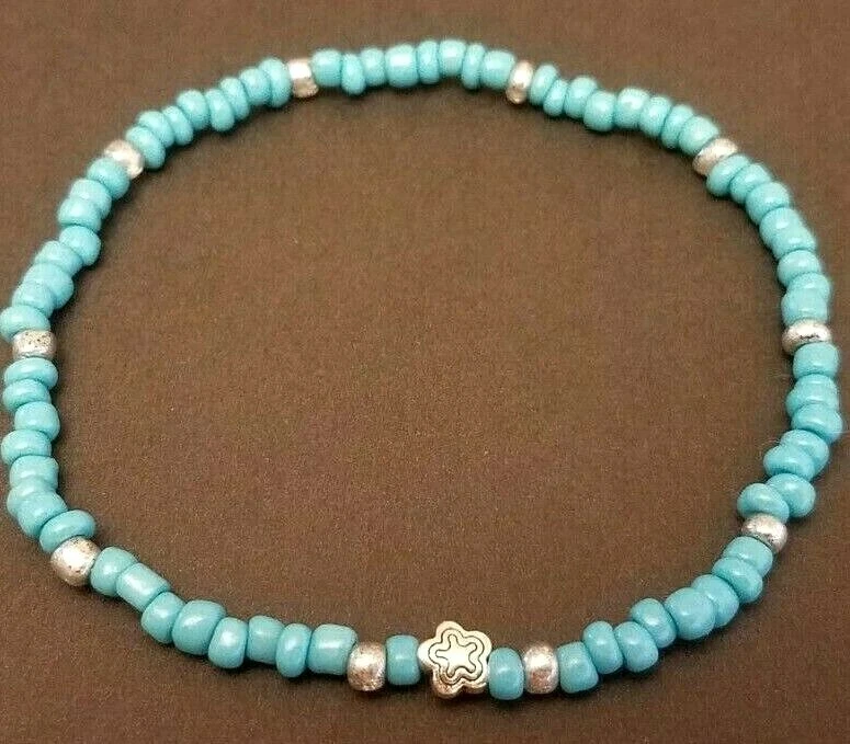 Turquoise Blue Glass Seed Beads Silver Starfish Charm Ankle Bracelet 9" or 10" - Image 3 of 4