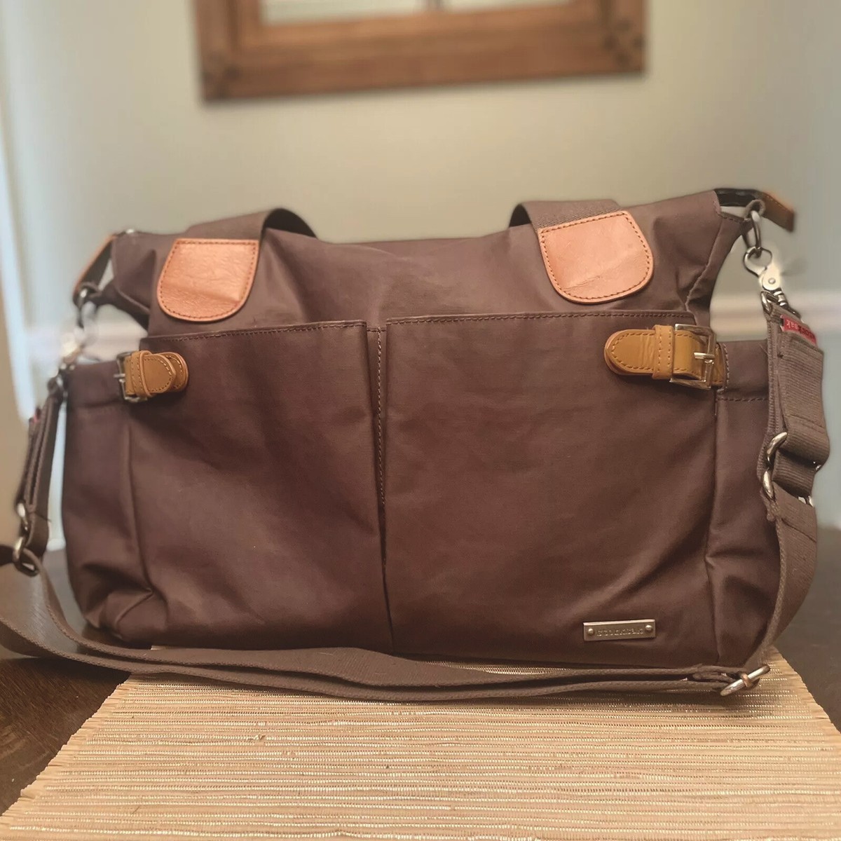 Grey Stork Baby Bag StorkSak London Diaper Bag Grey Camel Brown