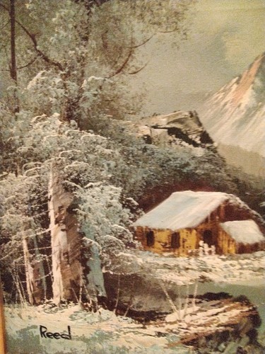 Vintage Original Oil Painting Framed Winter Cabin Scene 22" X 18" GC - Picture 2 of 9