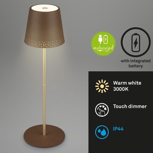 Cordless LED Table Lamp Rechargeable IP44 Dimmable Adjustable Height Brown Gold - Picture 2 of 9