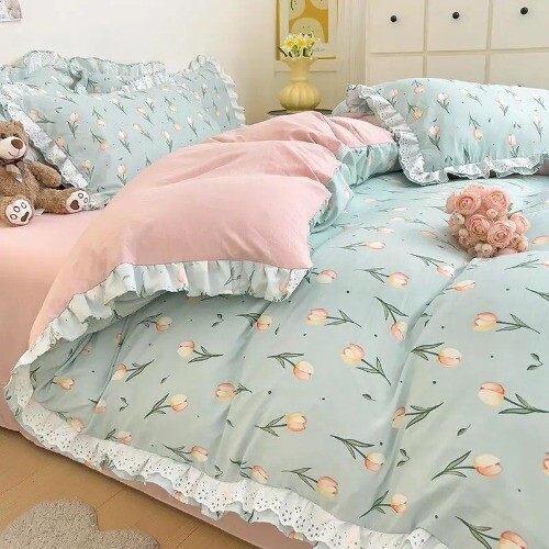 Korean Princess Style Bedding Set PinkBear Quilt Cover Lace Ruffles Duvet Covers - Bild 20 von 36