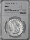 1921-P  $1  MORGAN SILVER DOLLAR  "PHILADELPHIA"  NGC MS61  #8675095-036