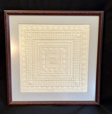 VTG Elegant Stitch Design J Whitman Framed Art Aran Crewel Needlepoint Square
