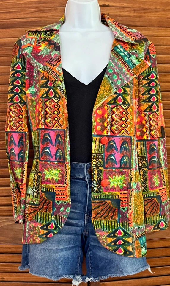 Blazer informal vintage de tela de corteza psicodélica para mujer talla M años 70 Foto 3 de 4