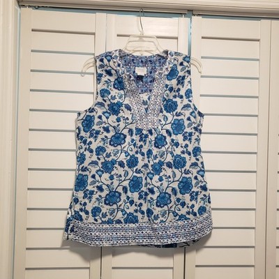 Sigrid Olsen white sleeveless  top with blue floral print  embroidered trim sz M