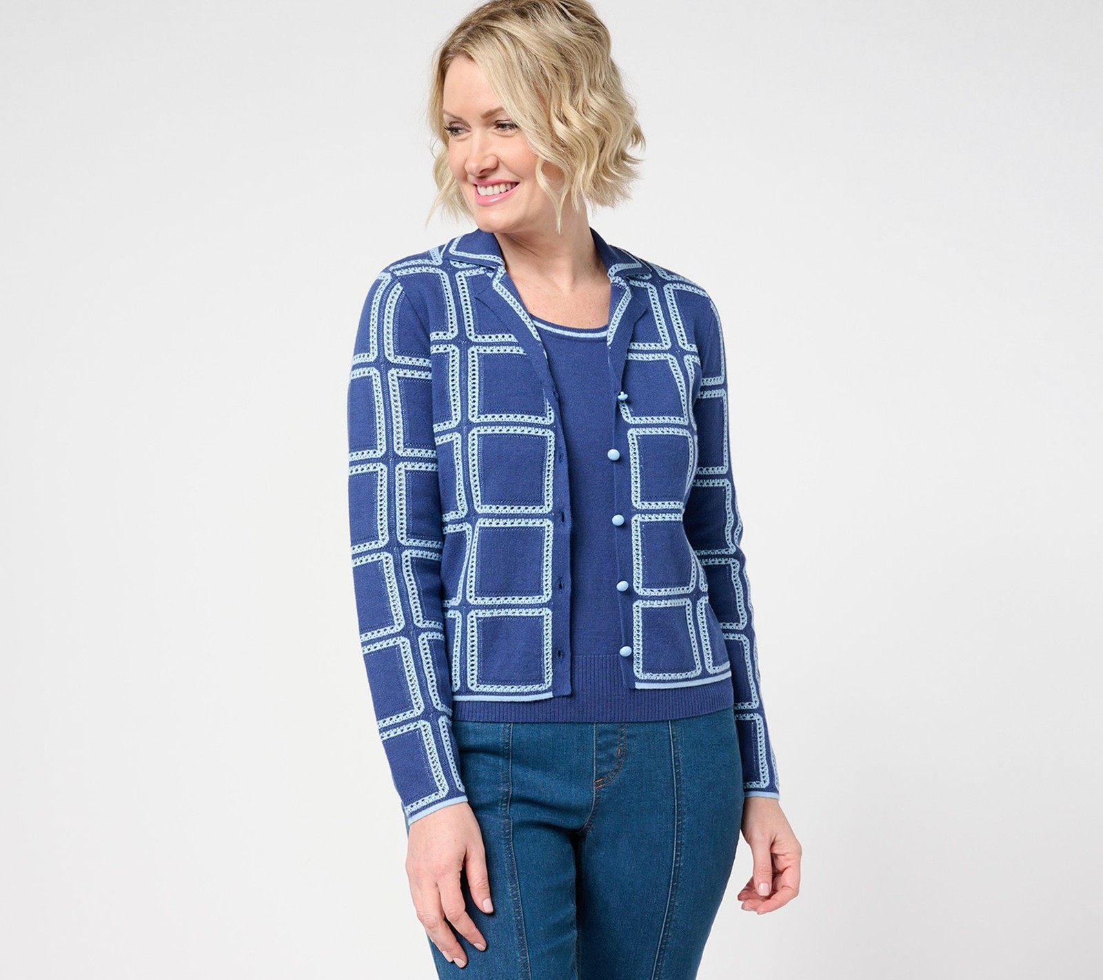 Isaac Mizrahi Live! Women's Top Sweater Sz M Pointelle Check Blue A684990