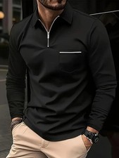 2025 Spring Autumn Solid Color Long Sleeve Polo Shirt Zipper Pocket Lapel Men's