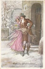 B580 Belle Époque Christmas greetings Viennese elegant couple canary cage 1916