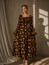 Womens Black Floral Maxi Dress Long Sleeve Cottagecore Boho A-Line Flowy Size XL