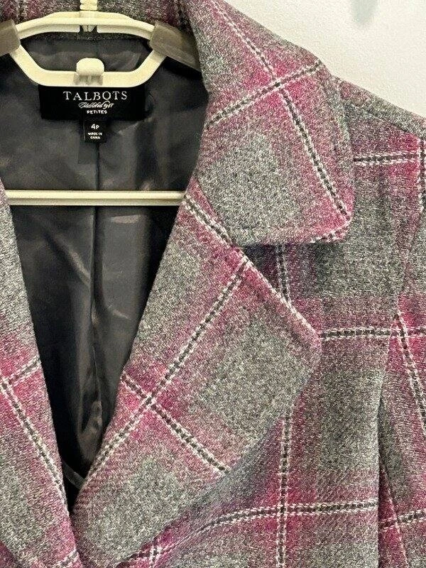 Talbots Petites Blazer Jacket Gray Pink Plaid Lined Wool Blend Size 4P - Image 2 of 4