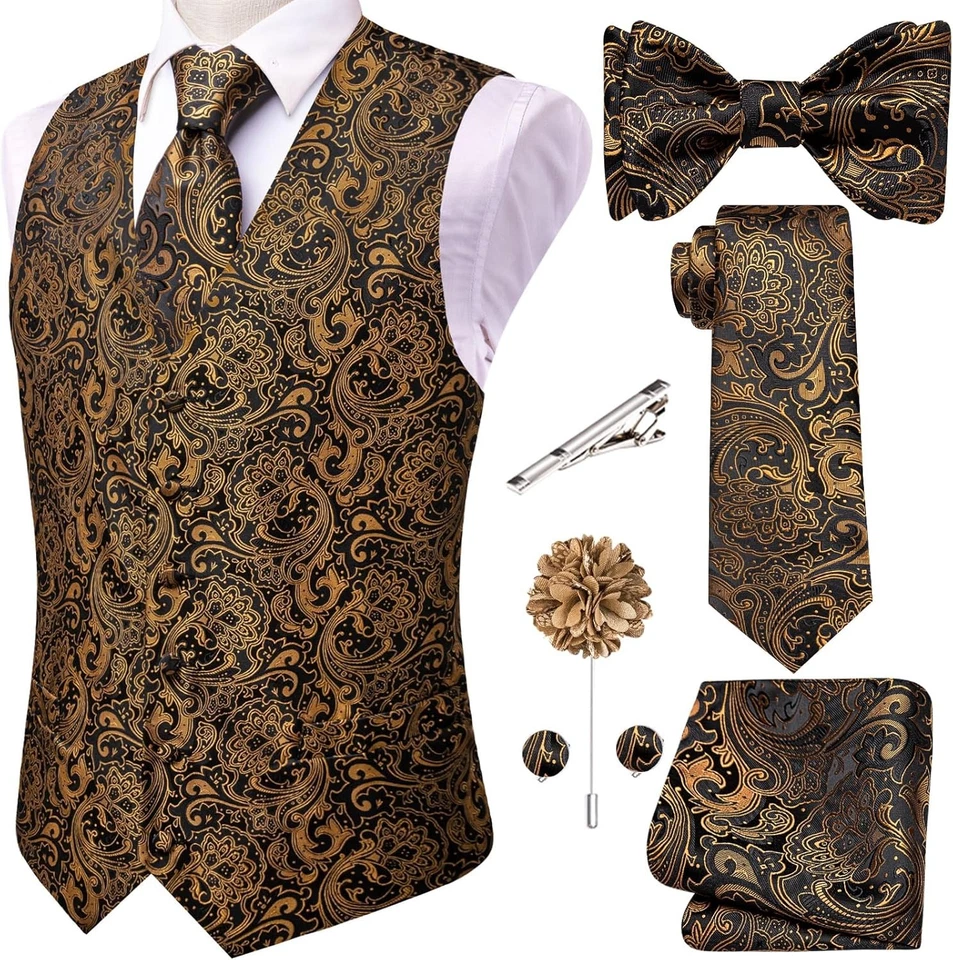 Conjunto de chaleco formal de seda y pajarita para hombre 5 piezas traje de boda accesorios gemelos Foto 3 de 4
