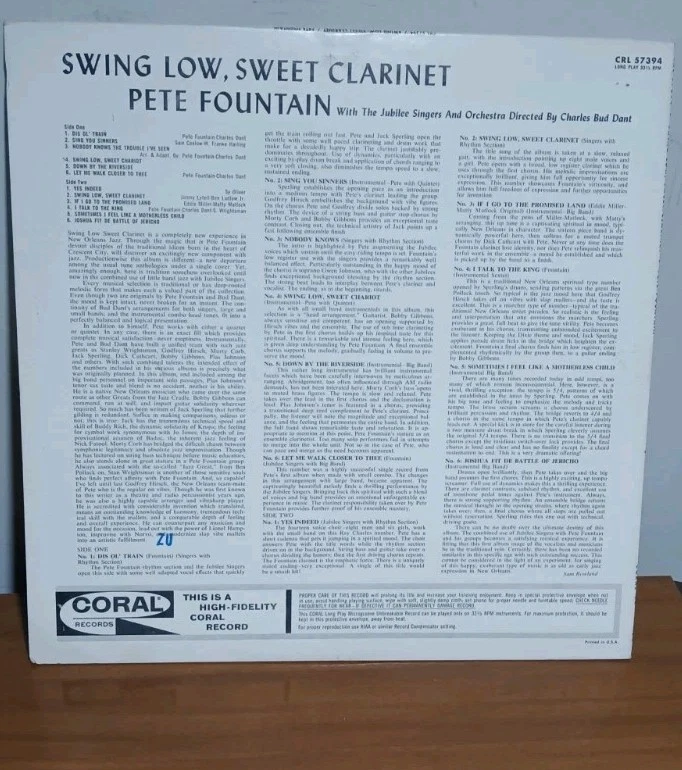 PETE FOUNTAIN - SWING LOW, SWEET CLARINET CORAL JAZZ 1962 STEREO LP RECORD  - Image 2 of 4