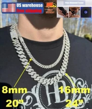 8MM Iced MOISSANITE Cuban Curb Prong Chain Necklace Hip Hop 925 Silver 18-24''