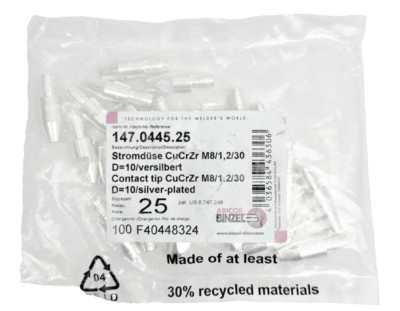 PACK OF 25, ABICOR BINZEL, 147.0445.25 CONTACT TIP M8/1.2/30 D=10 SILVER PLATED