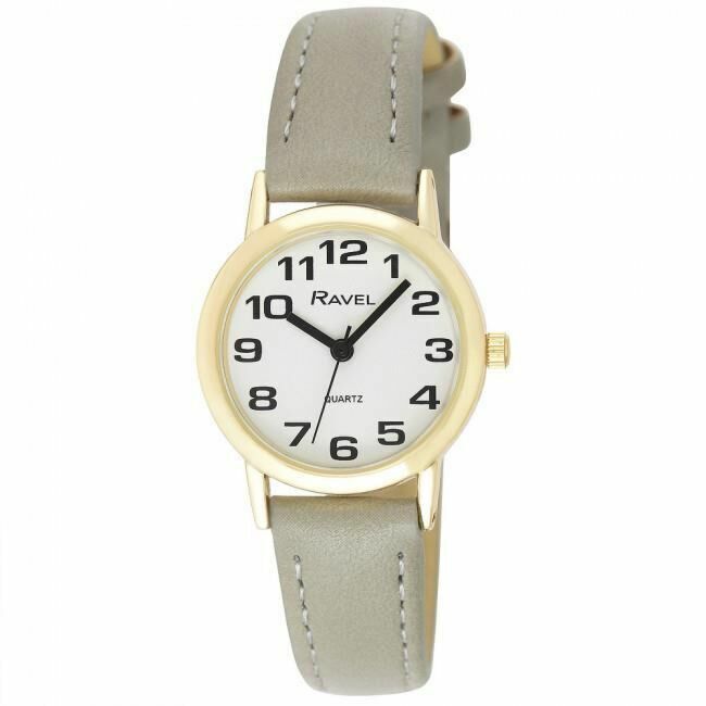 Ravel Ladies Bold Clear Big Numbers  Ladies Watch With Gold Casing Grey  Strap
