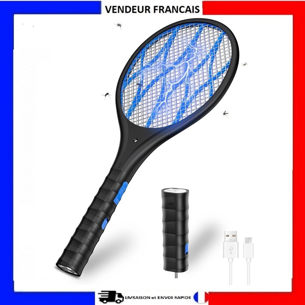 Raquette anti moustique tapette électrique rechargeable 4000V lampe LED blanche
